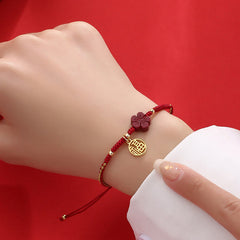 Cinnabar Flower Fu Character Blessing Braided String Bracelet