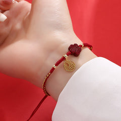 Cinnabar Flower Fu Character Blessing Braided String Bracelet