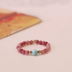 Natural Rhodochrosite and Pink Crystal Ring with Turquoise Accent for Women