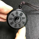 Obsidian Yin Yang Tai Chi Bagua Pendant Necklace with Mountain Map Symbols & Nine Sacred Words Feng Shui Amulet