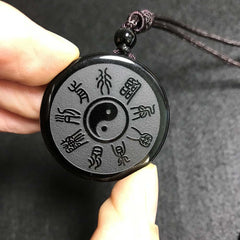 Obsidian Yin Yang Tai Chi Bagua Pendant Necklace with Mountain Map Symbols & Nine Sacred Words Feng Shui Amulet