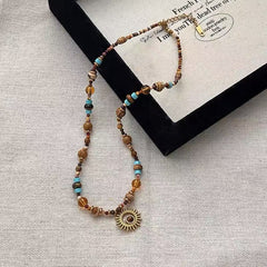 Women's Sunflower Beaded Necklace with Tiger Eye and Titanium Steel