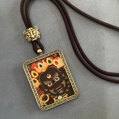 Tibetan Thangka Pendant: Five Wealth Gods & Mahakala Amulet Necklace