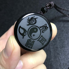 Obsidian Yin Yang Tai Chi Bagua Pendant Necklace with Mountain Map Symbols & Nine Sacred Words Feng Shui Amulet