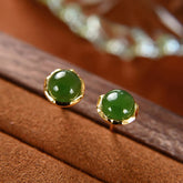925 Sterling Silver Plated Gold Natural Hetian Cyan Jade Bead Luck Stud Earrings