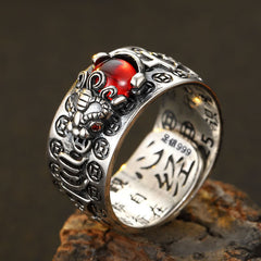 FengShui PiXiu Red Garnet Heart Sutra Wealth Ring