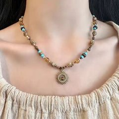 Women's Sunflower Beaded Necklace with Tiger Eye and Titanium Steel