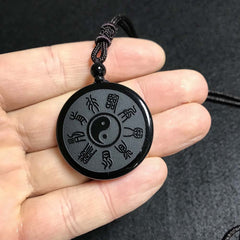 Obsidian Yin Yang Tai Chi Bagua Pendant Necklace with Mountain Map Symbols & Nine Sacred Words Feng Shui Amulet