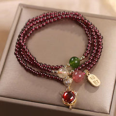 Natural Garnet Strawberry Quartz Crystal Fox Koi Fish Peace Buckle Fortune Protection Triple Wrap Bracelet