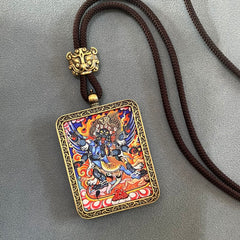 Tibetan Thangka Pendant: Five Wealth Gods & Mahakala Amulet Necklace