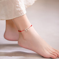 925 Sterling Silver Red String Braid Bell Charm Anklet