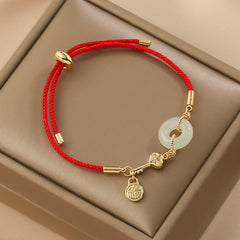 18K Gold Plated Hetian Jade Peace Buckle Fu Character Luck Red Rope Bracelet