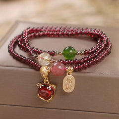 Natural Garnet Strawberry Quartz Crystal Fox Koi Fish Peace Buckle Fortune Protection Triple Wrap Bracelet