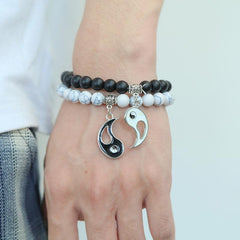 2pcs Natural Black Onyx White Turquoise Bead Yin Yang Couple Bracelet