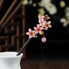 Chinese Style Wooden Hair Stick with Silk Flower & Tassel – Feng Shui Hairpin