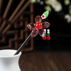 Chinese Style Wooden Hair Stick with Silk Flower & Tassel – Feng Shui Hairpin