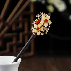 Chinese Style Wooden Hair Stick with Silk Flower & Tassel – Feng Shui Hairpin