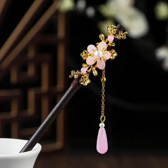 Chinese Style Wooden Hair Stick with Silk Flower & Tassel – Feng Shui Hairpin