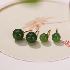 925 Sterling Silver Round Cyan Jade Healing Calm Stud Earrings