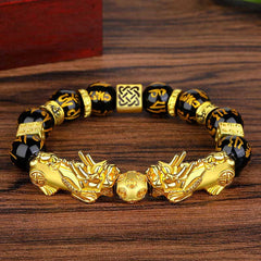 FengShui Double PiXiu Obsidian Om Mani Padme Hum Wealth Bracelet