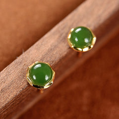 925 Sterling Silver Plated Gold Natural Hetian Cyan Jade Bead Luck Stud Earrings
