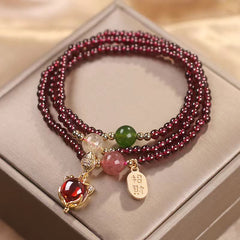 Natural Garnet Strawberry Quartz Crystal Fox Koi Fish Peace Buckle Fortune Protection Triple Wrap Bracelet