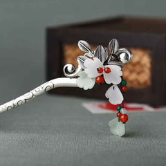 Haarnadel mit roter Achat- und Jadeblüte und beruhigender Quaste für Feng Shui, traditionelles Haar-Accessoire für Damen