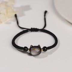 Bracelet tressé fait main en obsidienne naturelle brillante argentée et quartz fraise, protection chat mignon