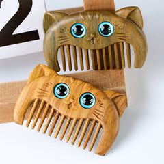 Peigne portable en bois de santal vert à motif de chat simple