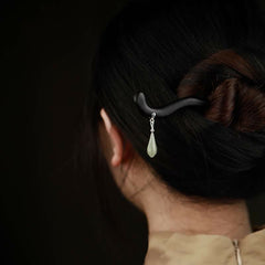 925 Sterling Silver Natural Hetian Jade & Ebony Wood Hairpin – Traditional Luck Charm for Stylish Hair Accessory