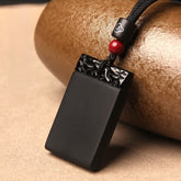 Black Obsidian Peace Guard Pendant, Unisex Square Amulet Talisman Jewelry