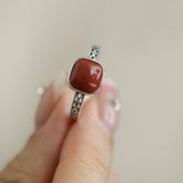 925 Silver Red Agate Sugar Cube Cut Openwork Ring, New Chinese Vintage Style