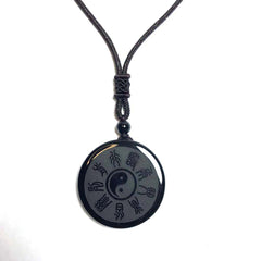 Obsidian Yin Yang Tai Chi Bagua Pendant Necklace with Mountain Map Symbols & Nine Sacred Words Feng Shui Amulet