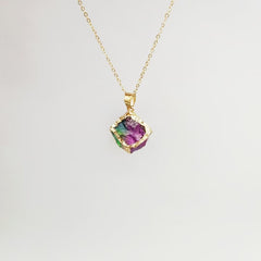 Shimmering Colorful Natural Gemstone Crystal Chips Gold Plated Brass Rim Pendant Necklace