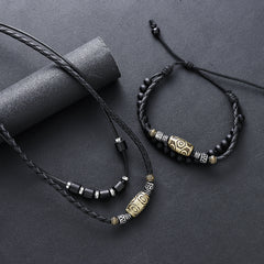 Retro Tibetan Dzi Bead Indigo Braided Wax Rope Necklace Bracelet Set for Men