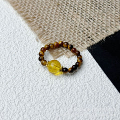 Handmade Tiger Eye Golden Rutilated Quartz & Smoky Quartz Tower Beaded Ring