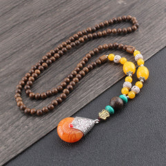 Fengshui Ethnic Style Wenge Wood Bodhi Beads Long Pendant Necklace