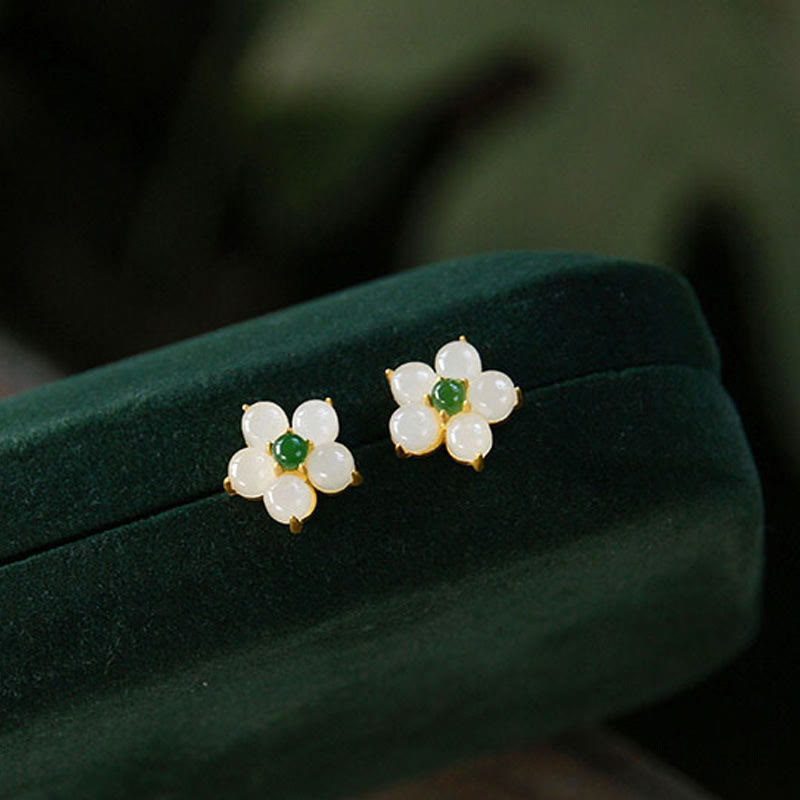 white jade flower stud earrings