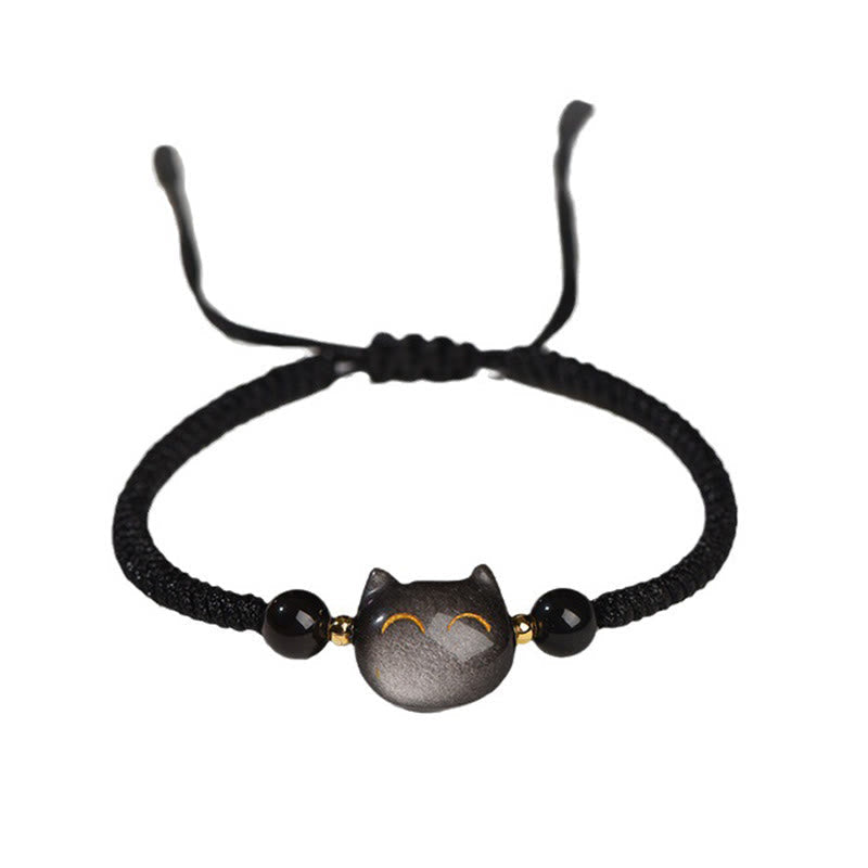 Handmade Natural Silver Sheen Obsidian Strawberry Quartz Cute Cat Protection Braided Bracelet
