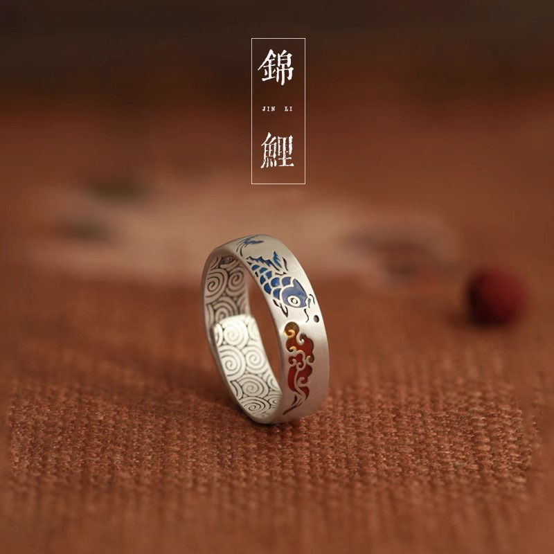 Blue Enamel Koi & Auspicious Cloud Adjustable Ring – Unisex Feng Shui Amulet for Luck, Flow & Harmony