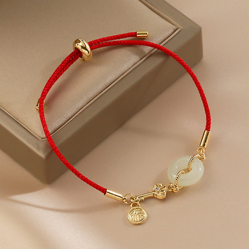 18K Gold Plated Hetian Jade Peace Buckle Fu Character Luck Red Rope Bracelet