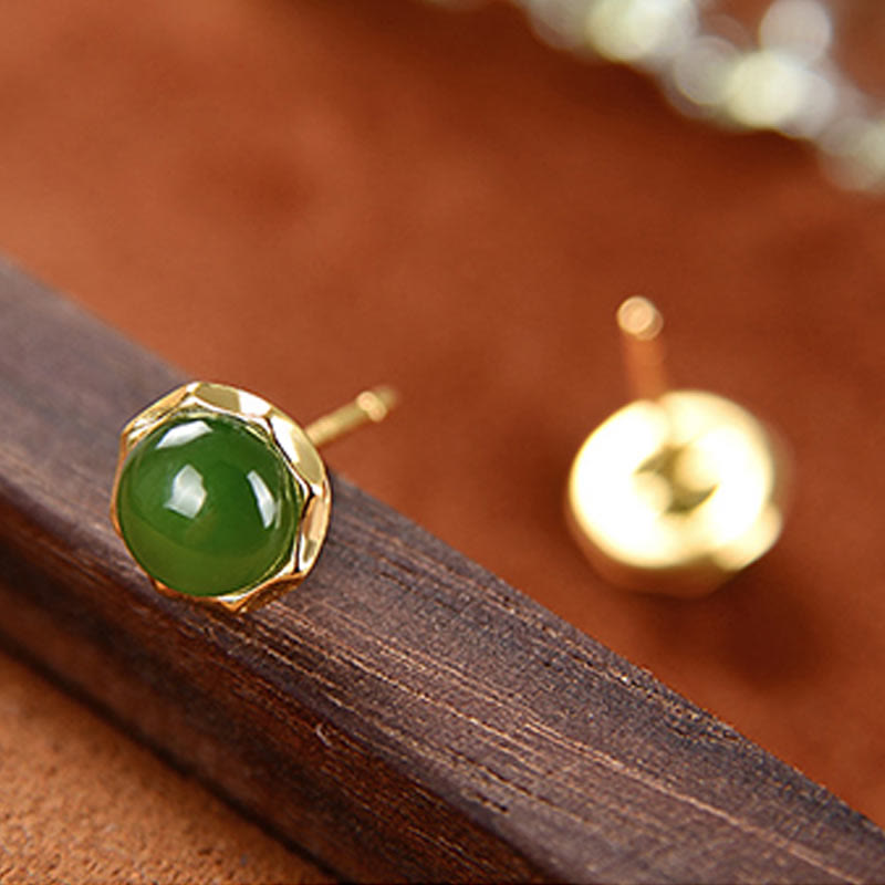 925 Sterling Silver Plated Gold Natural Hetian Cyan Jade Bead Luck Stud Earrings
