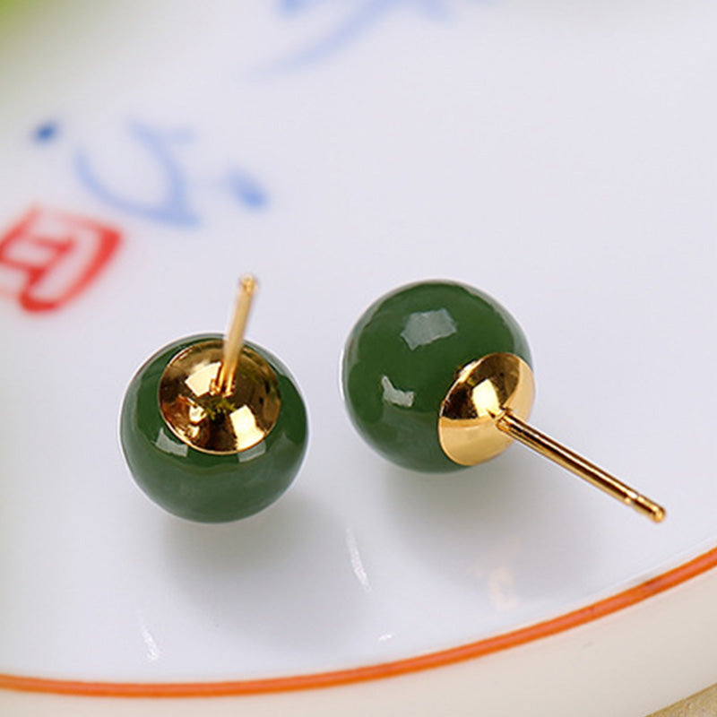 925 Sterling Silver Round Cyan Jade Healing Calm Stud Earrings