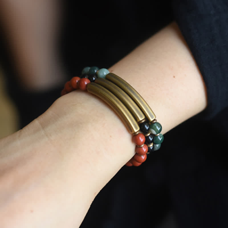 Red Jasper Moss Agate Black Obsidian Crystal Copper Peace Couple Bracelet