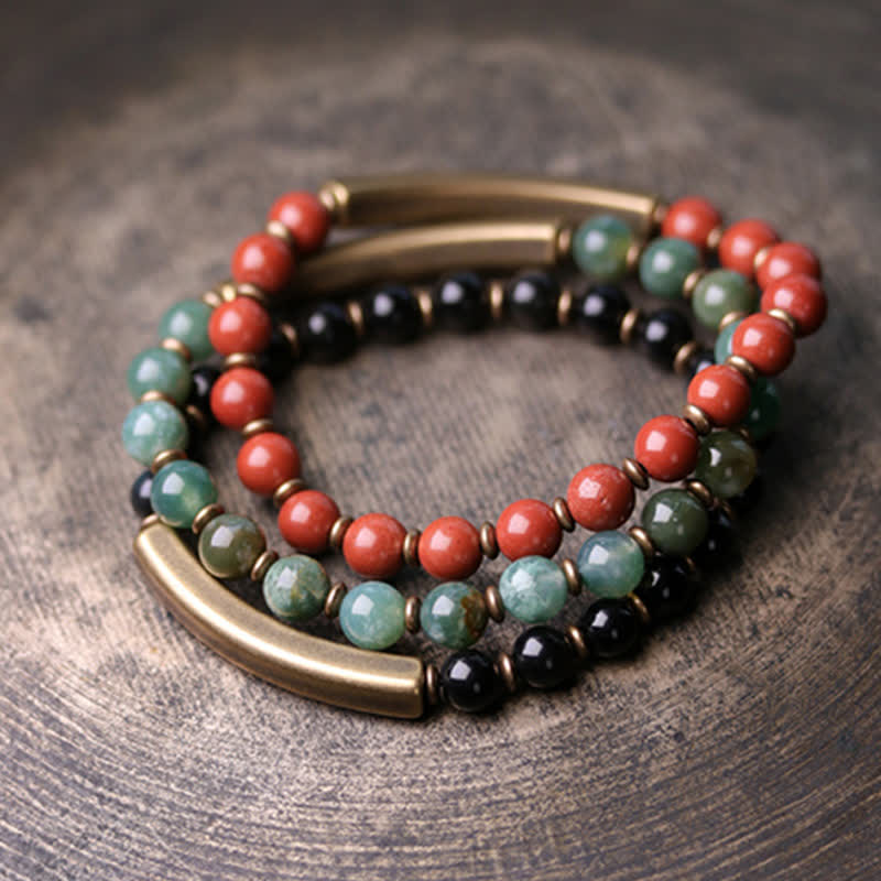 Red Jasper Moss Agate Black Obsidian Crystal Copper Peace Couple Bracelet
