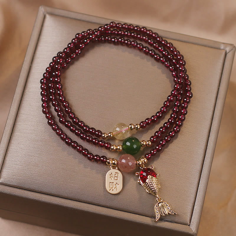 Natural Garnet Strawberry Quartz Crystal Fox Koi Fish Peace Buckle Fortune Protection Triple Wrap Bracelet