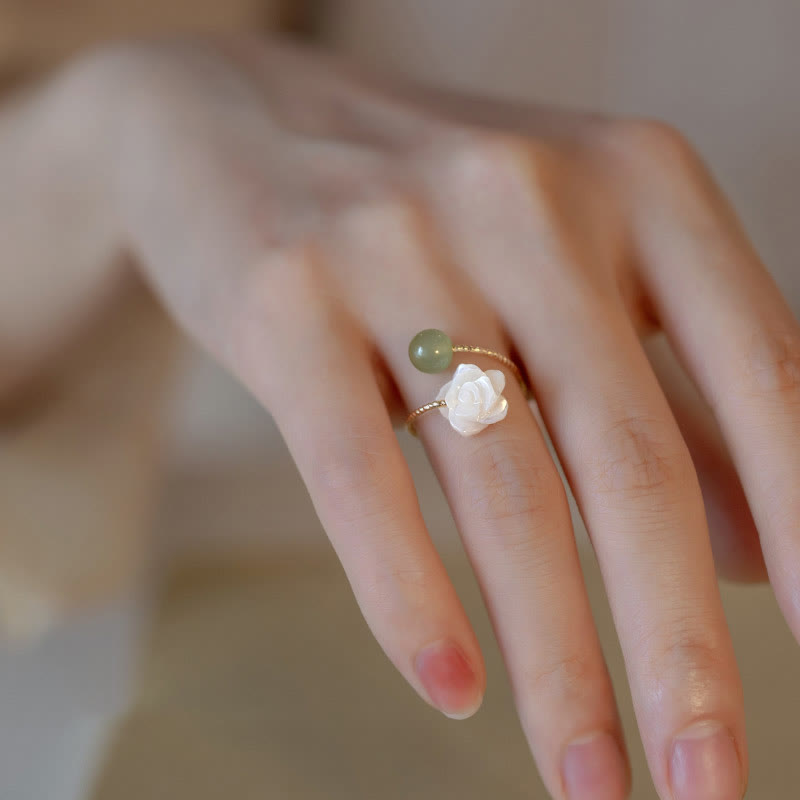 14K Gold Plated Tridacna Stone Rose Flower Jade Bead Blessing Ring