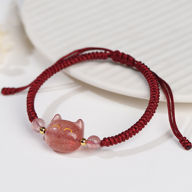 Handmade Natural Silver Sheen Obsidian Strawberry Quartz Cute Cat Protection Braided Bracelet