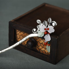 Red Agate & Jade Flower Hair Pin with Calming Tassel for Feng Shui, Women's Traditional Hair Accessories