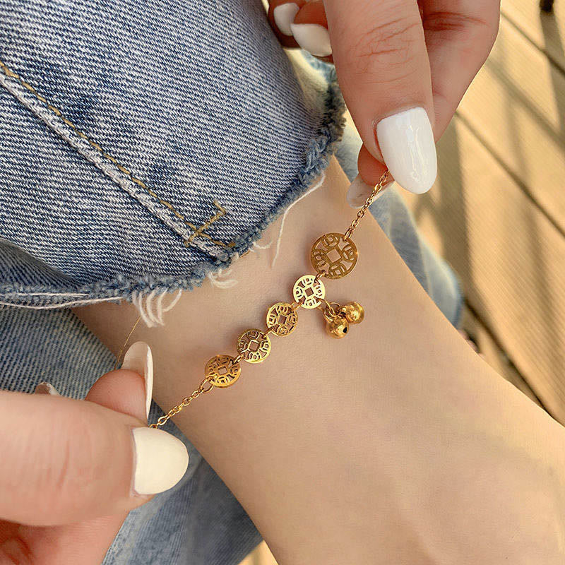 Copper Coins Bell Charm Titanium Steel Strengthen Anklet